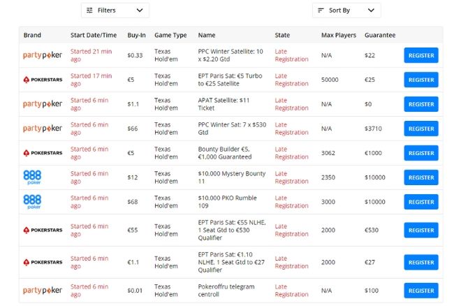 PokerNews Online Tournament Calendar